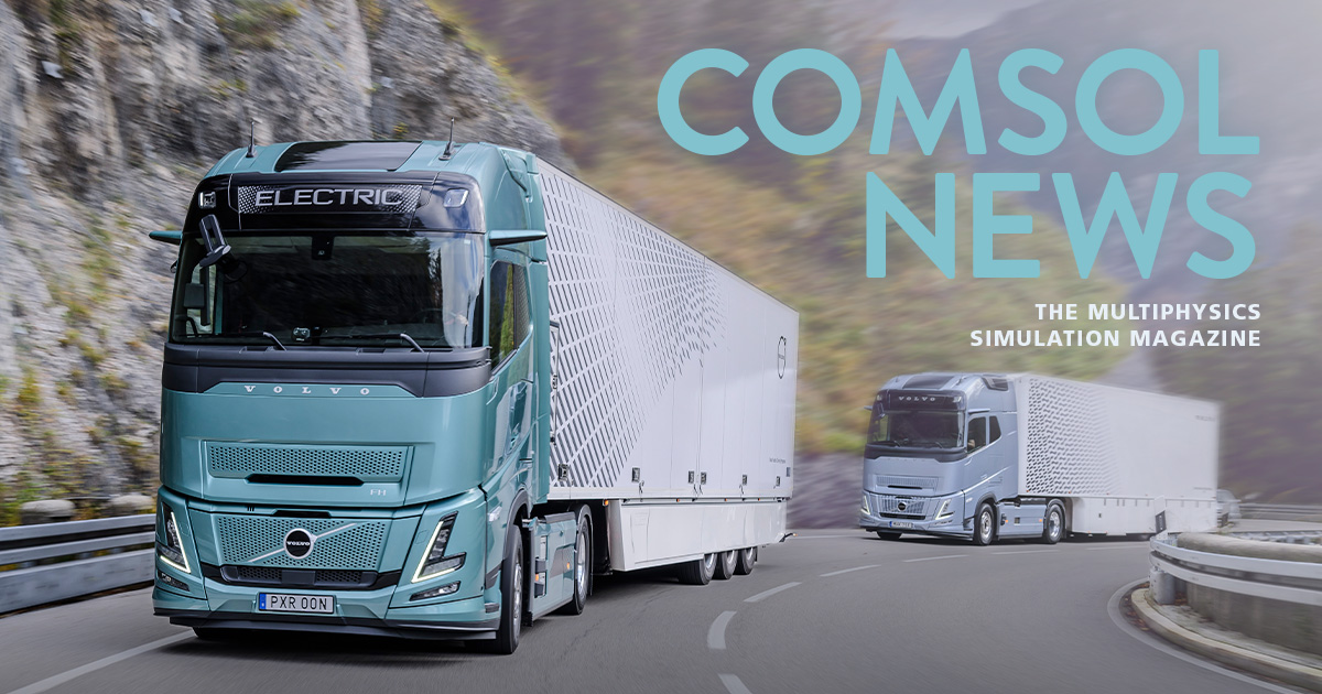 La couverture du COMSOL News 2026, illustrée par une photo d’un camion électrique Volvo