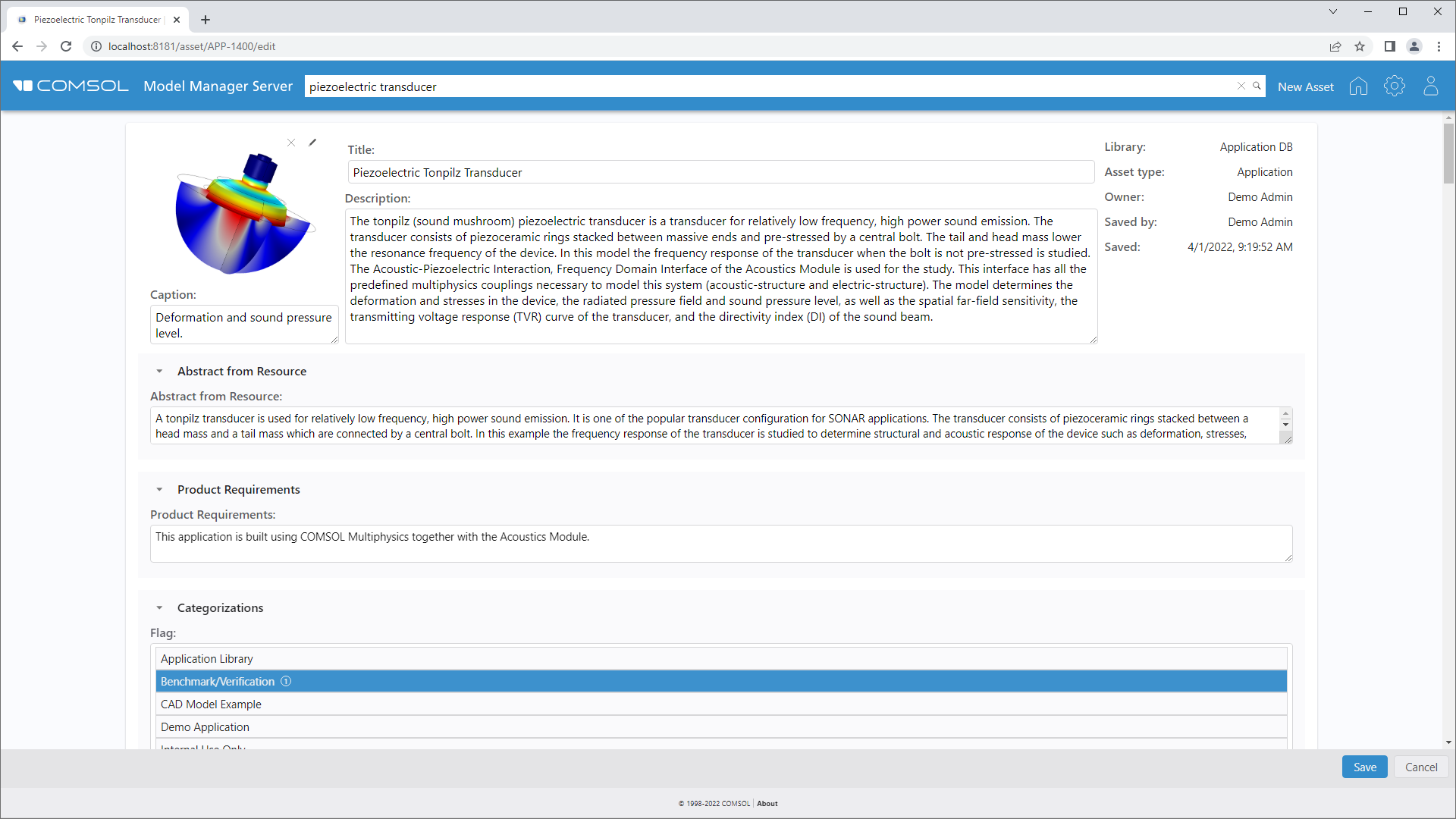 A screenshot of a Photoacoustic Resonator asset page showing the thumbnail image, description, product requirements, and more