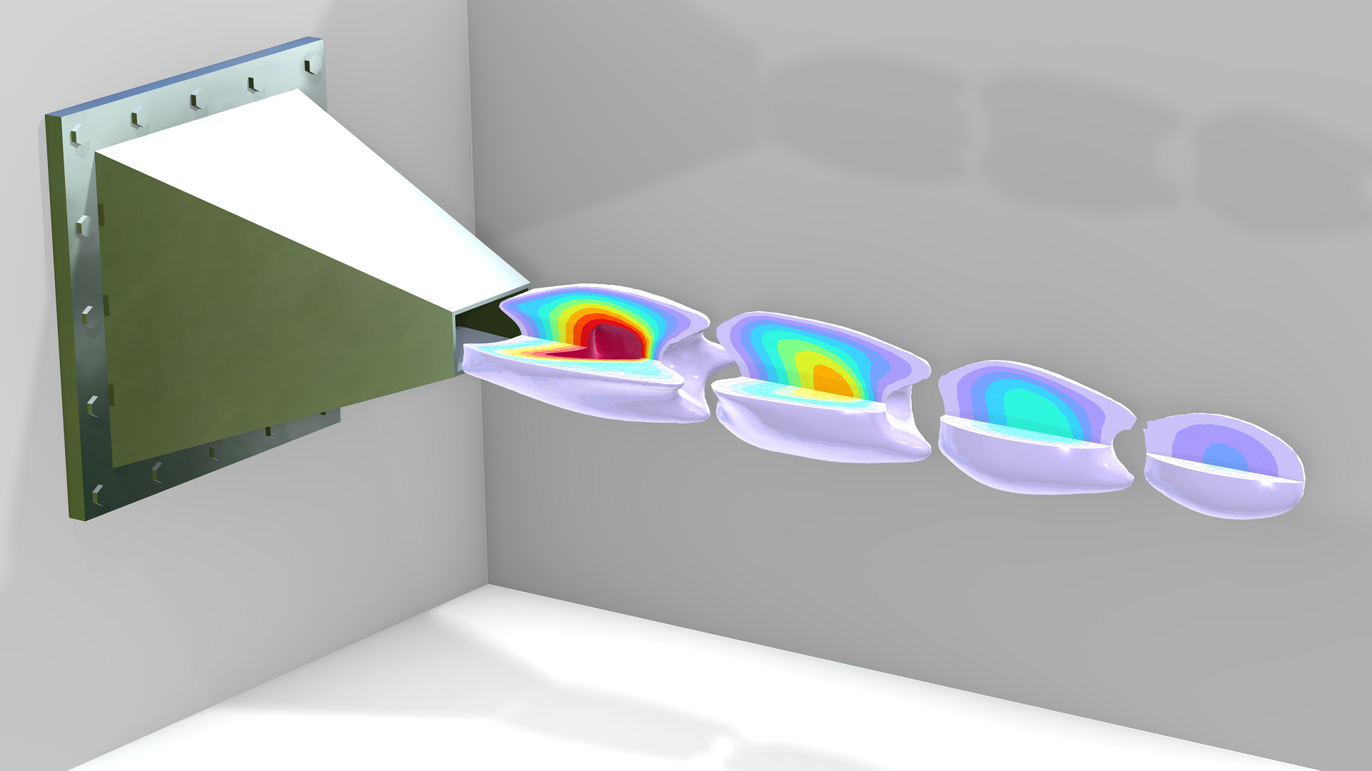 title="" alt=" Ein Modell einer Düse eines Staustrahltriebwerks und seiner Strömung, dargestellt mit Isoflächenplots in der Farbtabelle Prism.