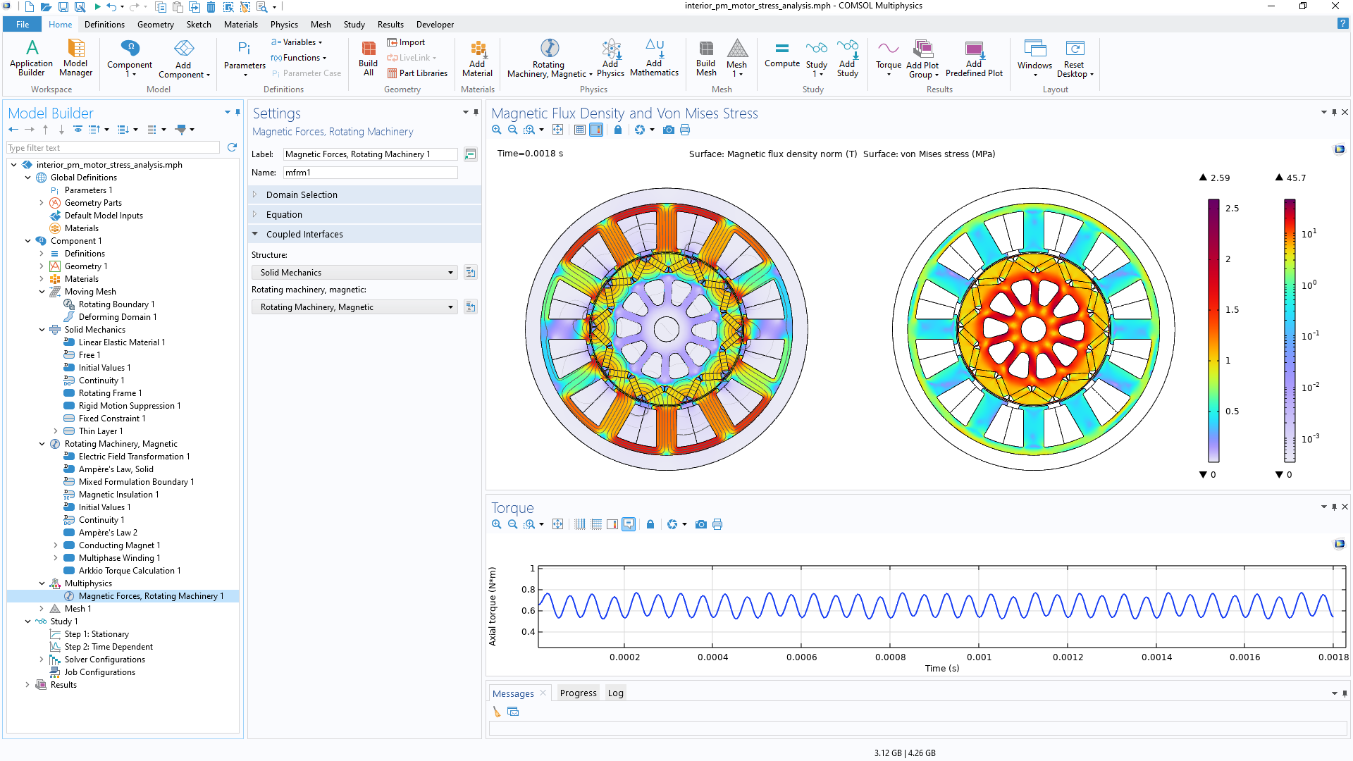 title="" alt="L'interfaccia di COMSOL Multiphysics mosra il Model Builder con il nodo Magnetic Forces, Rotating Machinery evidenziato, la finestra Settings corrispondente e due finestre Graphics che mostrano rispettivamente due motori e un grafico 1D"