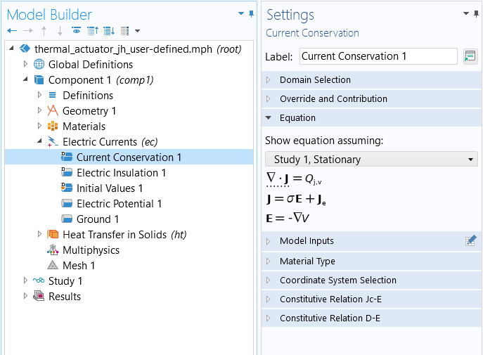 A screenshot of the Current Conservation node Settings window, with the Equation section expanded.