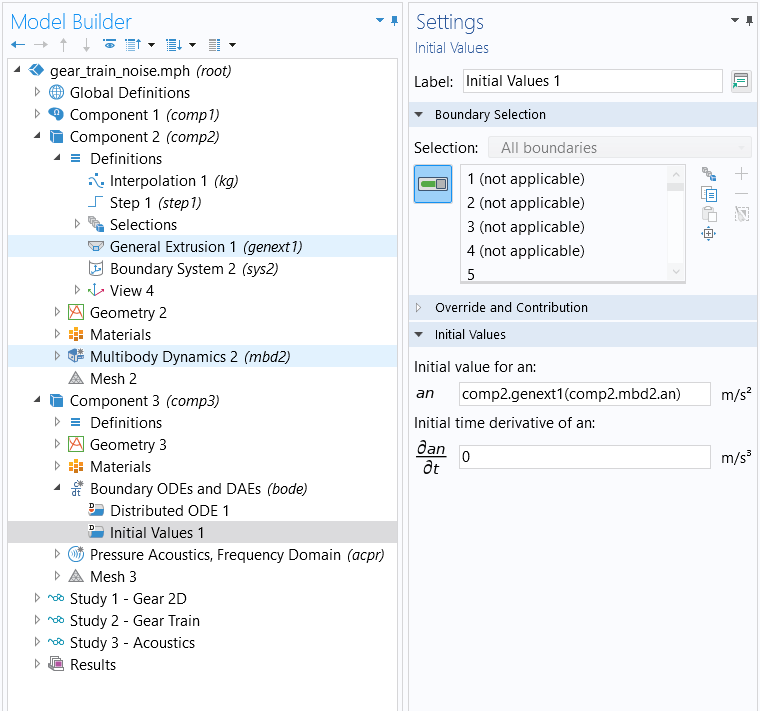 The COMSOL Multiphysics UI showing the Model Builder with the General Extrusion 1 and Multibody Dynamics 2 features highlighted and the Initial Values settings.
