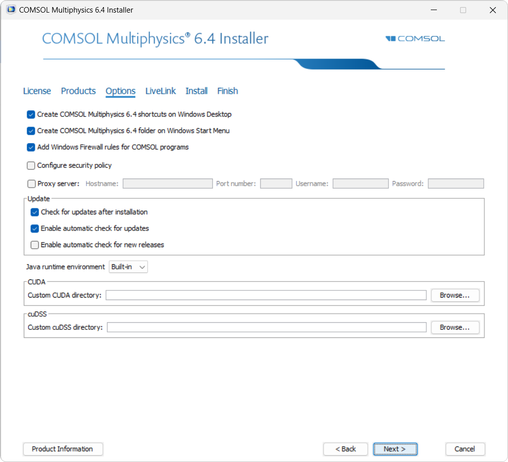 A UI screenshot of the COMSOL Installer with the Options tab selected and the options to specify a custom file path for the CUDA directory and cuDSS directory.