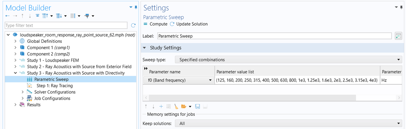 The settings window for the Parametric Sweep study step configured for use with the Source with Directivity feature.