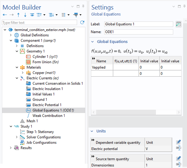  A settings window for global equations with an empty equation for Vapplied.