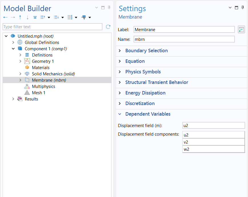The Membrane interface selected in the Model Builder and the Settings window with the Dependent Variables section expanded.