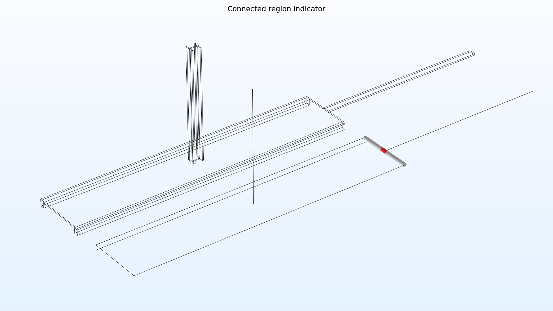 A wireframe rendering of a geometry consisting of shells and beams where a boundary that meets an edge is colored in red.